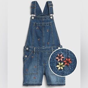 GAP Kids Blue Denim Short Overalls with Floral Embroidery